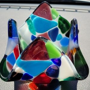 Fused glass tea light holder, candle holder with mosaic design